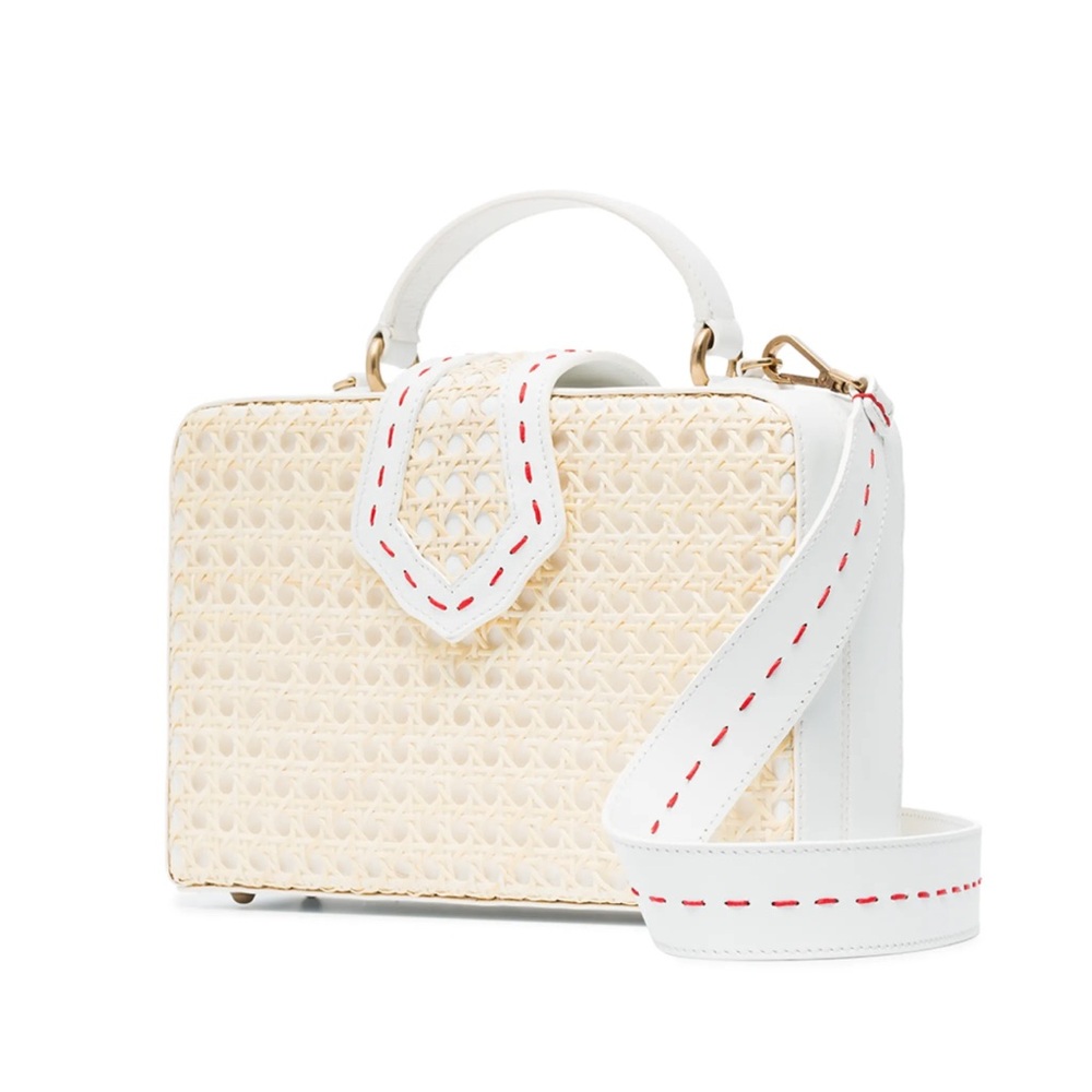 Mehry Mu Fey Large Leather Rattan Straw Box Bag w/ Long Shoulder Crossbody Strap - Picture 4 of 16
